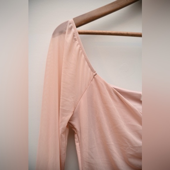 Y2K Guess Ruched Mesh Long Sleeve Top Blush Pink Square Neck - Picture 3 of 8